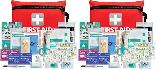 General Medi Mini First Aid Kit, 92 Pieces Small First Aid Kit - Includes Emergency Foil Blanket, Scissors for Travel, Home, Office, Vehicle, Camping, Workplace & Outdoor (Red) (Pack of 2) option