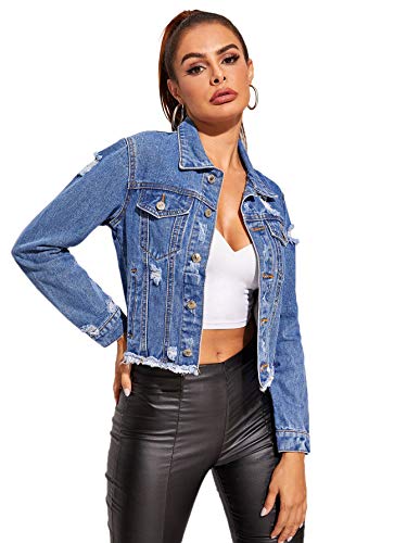 Floerns Women's Long Sleeve Basic Button Down Wash Denim Jean Jacket Blue B M