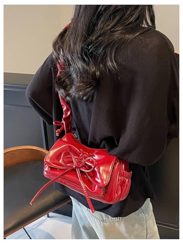 Women's Ruched Leather Shoulder Bag Drawstring Zipper Underarm Handbag Y2K Purses3