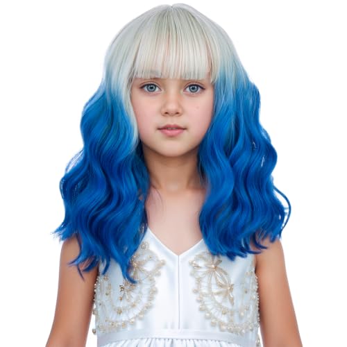 Image of Gray Mixed Blue Wig Short Grey Mixed Blue Wavy Curly Wigs with Air Bangs Synthetic Cosplay Hair Wigs (Small Size)