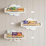 MAISON LEON Cloud Floating Shelves Nursery Set of 3 with Decorative Mini Clouds – Wall Mounted Kids Bookshelf with Hooks, Solid Pine Rail, 15 lb Per Shelf Capacity, Nursery & Toddler Wall Decor