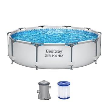 Bestway - Steel Pro MAX, piscina fuori terra, rotonda, set con pompa filtrante, diametro 305 x 76 cm, colore grigio chiaro