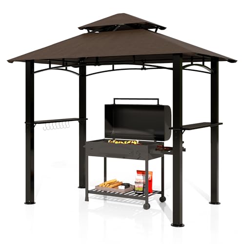 GARTOO 8x5 Outdoor Grill Gazebo - Double Roof BBQ Gazebo Canopy with 2 Side Shelves and LED Lights Patio BBQ Pergola Shelter for Garden Porch and Backyard (Brown)