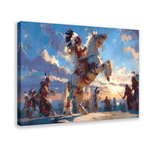 Toile de danseurs autochtones à cheval pour rompre la monotonie des murs