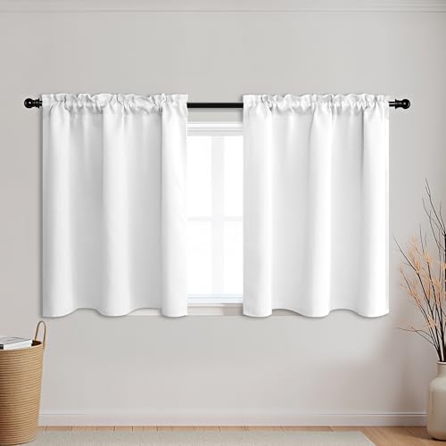 Image of KOUFALL Small Window Curtains White Short 36 Inch Length Semi Blackout for Kitchen Bathroom Door Laundry Room