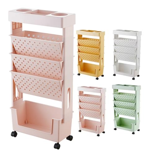 VHVYWY Estantería rodante de 5 niveles, estantería móvil, estantería rodante, organizador de carpetas de archivos movible con ruedas para el hogar, estudio, oficina, sala de estar, aula (rosa)