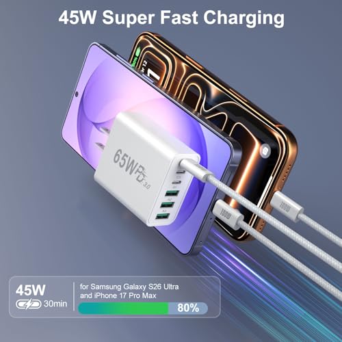 65W USB C Charger Block, Besgoods 45W Fast Charging Brick 6-Port GaN Power Adapter, with 6ft USC-C to C Cable 5A for iPhone 17 16 15 Pro Max MacBook Air iPad Galaxy S26 Ultra S25 Pixel - image 2
