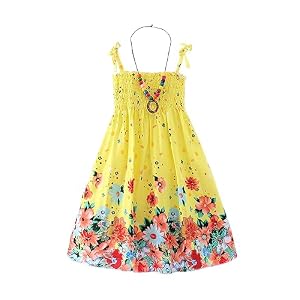 Girls Bohemian Dresses Floral Sleeveless Rainbow Beach Sundress with Necklace 2-12T