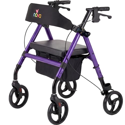 NOVA Vega Rollator Walker - Lightweight 18 lb Folding Mobility Walker 8 Wheels Adjustable Height Hand Brakes Padded Seat & Backrest Purple