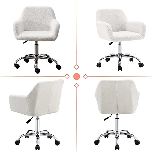 Modern Faux Fur Home Office Chair, Upholstered Fluffy Makeup Vanity Chair For Teen Girls Swivel Desk Chair, Height Adjustable Leisure Elegant Chair, White #TOP6