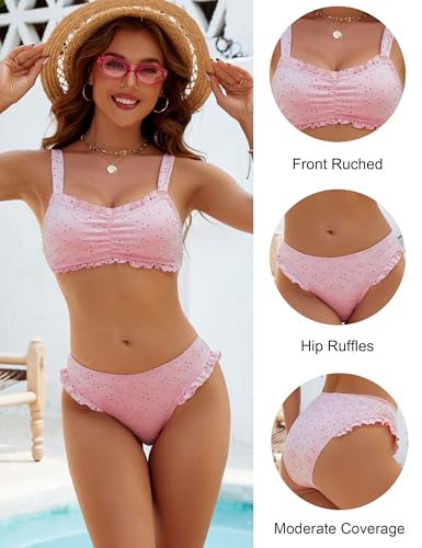 Image of Blooming Jelly Womens Bikini Set Two Piece Ruffle Bandeau Bathing Suits Cheeky High Cut Cute Eyelet Swimsuit