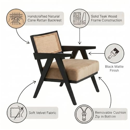 Image of Kingsman Furnitures ABEL Rattan Teak Wood Accent Arm Chair for Home Bedroom, Living, Dining, Drawing Room | Ultra Soft and Comfortable for Stress Free | Removable Cushion (Natural Cane- Beige Velvet)