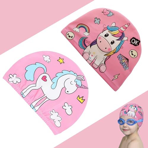 COYUN 2 Pezzi Cuffia Piscina Bambina Forma di Unicorno, Poliestere Rosa, 1-7 Anni, per Capelli Corti e Lunghi