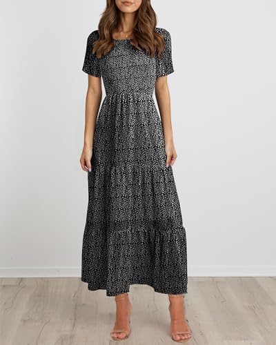 Image of BTFBM Women Casual Short Sleeve Crew Neck Summer Dress Bohemian Floral Printed Flowy Maxi Dresses Tiered Cocktail Dress