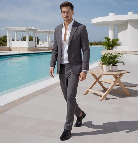 Men's Linen 2-Piece Spring Summer Breathable Beach Wedding Business Blazer Pant Set Tuxedo Lightweight Suit ALV263