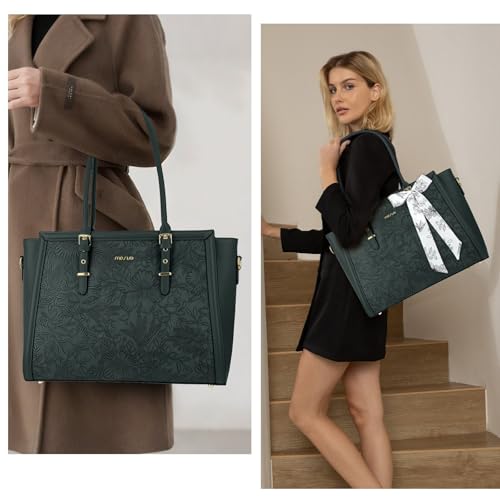 Image of MOSISO Laptop Bag for Women, PU Leather Tote Bag, Front Embossed Retro Hibiscus Computer Bags with Silk Scarf&Clutch Purse