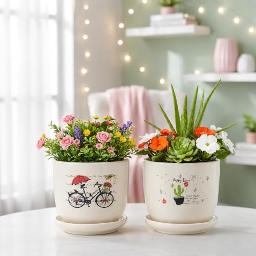 Image of Xtore Charming Bicycle & Cactus Ceramic Planter Set of 2 with Saucers for Home & Office Decor | Artistic Small Flower Pots for Living Room, Bedroom, Balcony, Desk, Shelf & Window Styling (Off-White)