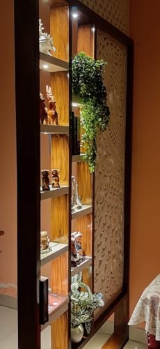 Image of Carved Room Divider Screen, Room Separator Partition Panel for Between Room and Kitchen, Brown with Mirror
