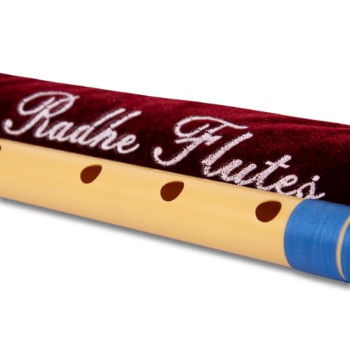 Image of Radhe Flutes | E Natural Right Handed Base Bansuri | Tuned With Tanpura A=440Hz | PVC Flute + Velvet Cover + Hindi & English Flute Lessons | PERENT (Beige Flute With Blue & Green Threads)