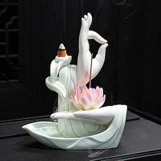 Lotus Backflow Incense Burner with 10pcs Backflow Incense Cone, Home Ceramic Backflow Incense Cone Holder Burner (Lotus 3)