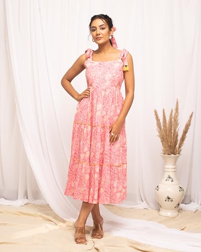 Image of FIORRA Women's Fit And Flare Knee Length Cotton Block Printed Western Knee-Length Dress