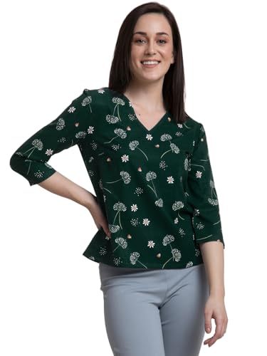 Image of FableStreet Women Formal & Casual Top | Elegant V-Neck Three-Quarter Sleeves Floral Print | Lightweight Smooth Fabric for Office Wear & Daytime Outings