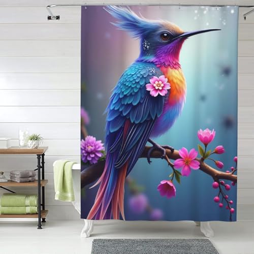 Rideau de douche anti-éclaboussures tissu opaque oiseaux colorés 152x183 cm - 2