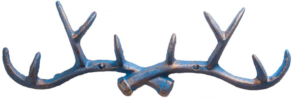 VHKJewE Cast Iron Coat Racks Wall Hooks Deer Antlers Antique Country House Decor(Blue)