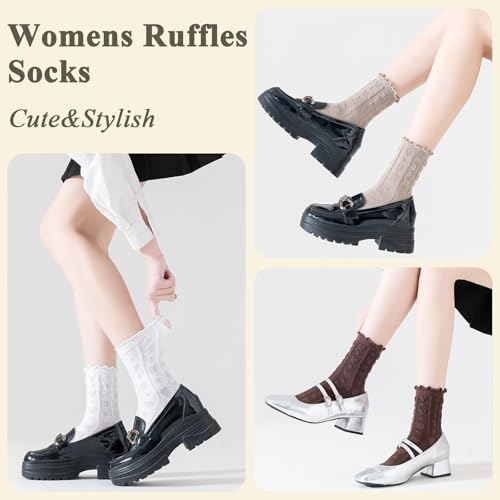 BIVOLU Womens Cute Ankle Socks Ruffle Cotton Frilly Trim Breathable Dress Ruffled Socks 6 Pack3