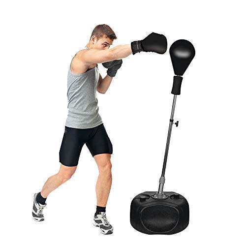 Protocol Best All-in-one Boxing Set | Solid EVA Foam Punching Ball with Adjustable Height Stand That Withstands Tough Beatings and Includes Comfortable Boxing Gloves (Premium) Black
