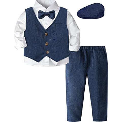 mintgreen Baby Boys Wedding Suit, Herringbone Christening Outfits Gentleman Tuxedo with Cap, Blue, 2-3 Years, 100 Cover