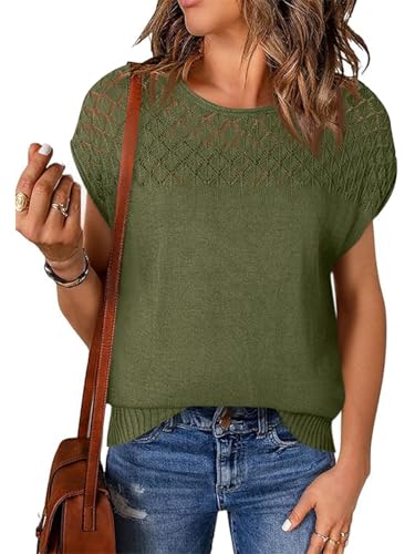Tankaneo Damen Kurzarm Rundhals Top Häkelstrick T-Shirt Sommer...
