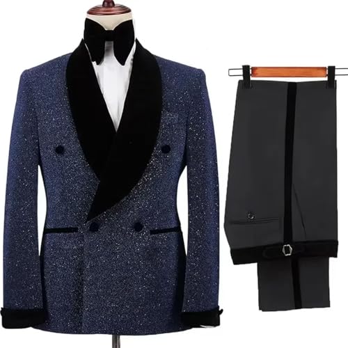 Men’s 2-Piece Suit Set – Shining Jacket & Pants, Double Breasted Wedding Groom Tuxedo, Fleece Shawl Collar3