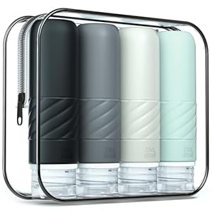 Gemice Travel Bottles for Toiletries, CAA Approved 90ml Silicone Travel Bottles, Leak Proof Squeezable Travel Size Containers, Travel Essentials for Lotion Soap Liquid Shampoo, BPA Free(4 Pack)