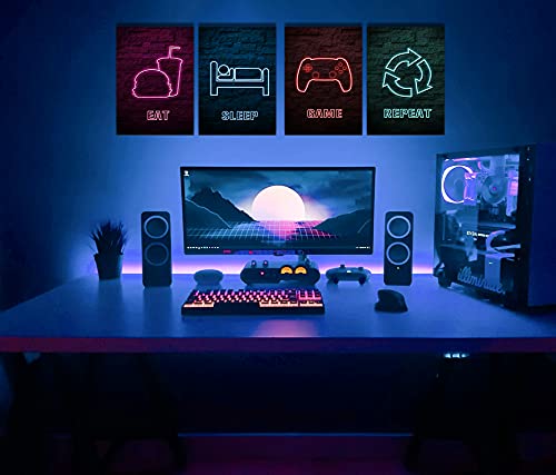 Game Room Wall Art Decor Printed Neon Effect Gaming Decorations Canvas Prints Gamers Wall Decor Video Game Posters Pictures For Boys Bedroom Video Game Room Playroom Paintings Framed Ready To Hang #TOP3