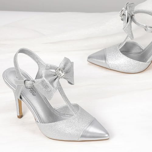 Mofri ShowHow Womens High Heels Closed Splicing Pointed Toe Stiletto Bow Tie Slingback Heeled Shoes Ankle Strap Wedding Pumps Bridal Party Work Dress Shoes4