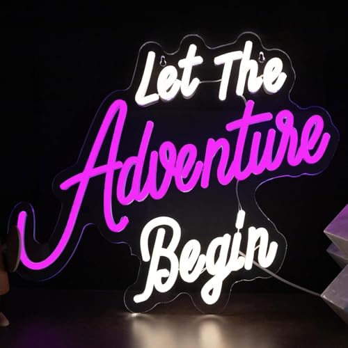 Image of Let The Adventure Begin Neon Sign, Pink & White LED Neon Light for Wedding Backdrop, Bachelorette Party Decor, Bridal Shower Photo Booth, Bedroom Wall Art, USB Powered Dimmable Neon Wall Sign
