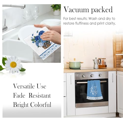 Image of Summer Blue Hydrangea Floral Kitchen Towels, Elegant Birds Dish Towels Set of 2, Spring Flowers Farmhouse 18 x 26 Inch Hand Towel Quick Drying Dishcloth Decor for Kitchen Bathroom Home