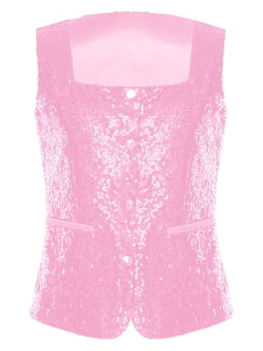 Girls Sequins Waistcoat Sleeveless Square Neck Hip-Hop Jazz Dance Party Stage Performance Jacket Vest