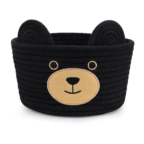 Image of Cute Black Bear Basket for Nursery- Small Animal Gift Basket,Soft Woven Rope Cotton Storage, Shower Baby Towel 0rganizer with Bear Ears, Candy Blanket Towel Decor Storage Bin, 8.2 inchD x 4.7 inchH IN