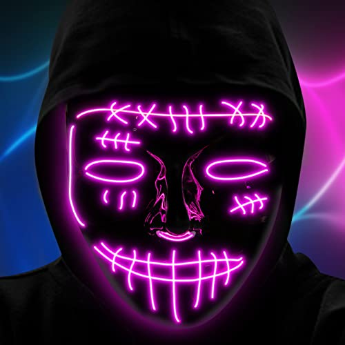 Aicharynic LED Mascaras Halloween, Máscara de Purga LED Halloween Purge Mask con 3 Modos de Iluminación, para Navidad, Halloween, Cosplay, Grimace Festival, Fiesta Show y Mascarada(Violeta)