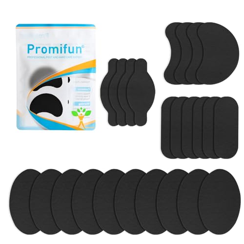 Promifun Moleskin Strips with Adhesive Blister Prevention Pads Mole Skin Tape Stickers for Feet Heel Shoes Padding-24 Sheets of 4 Shapes,Black