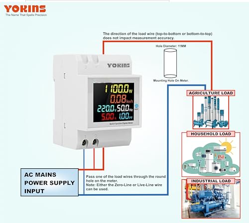 Image of YOKINS YD-525 DIN Rail Single Phase Digital Multifunction Energy Meter 6-in-1(Multi line display) Voltage,Current,Frequency,Power Factor,Active Power,Energy (100A & 40-300V) (Energy Meter)
