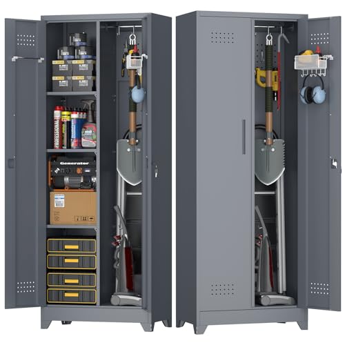 Image of Broom Closet Storage Cabinet, Steel Locking Cabinet with Hanging Rod, 65 inch Cleaning Storage with Doors and Hooks, Tall Broom Tool Cabinets for Office, Garage