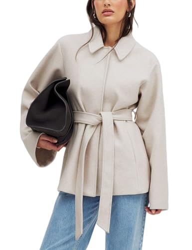 UANEO Coat for Women Wool Blend Short Peacoat Overcoat Button Tie Belt Winter Pea Coat with Pockets...