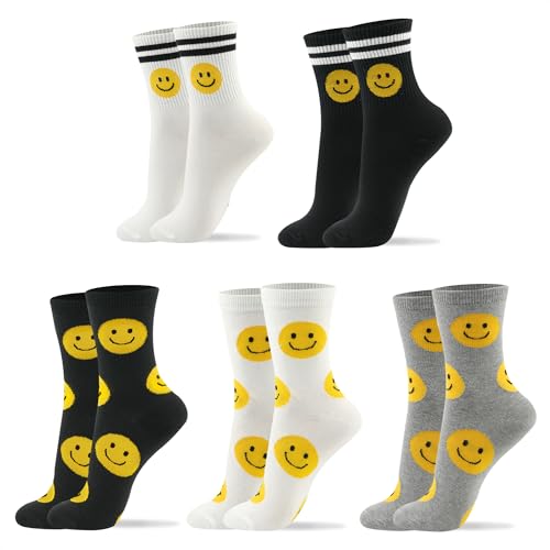 Kikiya Women's Cotton Crew Socks - Cute Smiley Face Funny Bow Fruit Graphic Crazy Animal - Ladies Girls Casual Socks Size 6-8