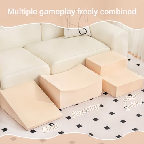 Tiita Foam Climbing Blocks with Small Ball Pit Playground for Baby, Climb and Crawl Playset 5-Piece - Indoor Soft Play Climber for Playtime Fun, Beige