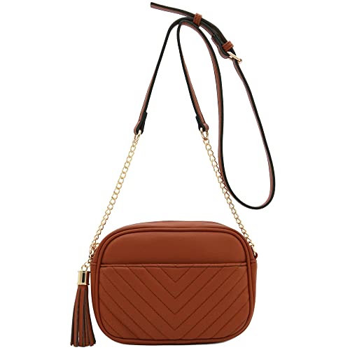 Image of FashionPuzzle Chevron Quilted Crossbody Camera Bag with Chain Strap and Tassel