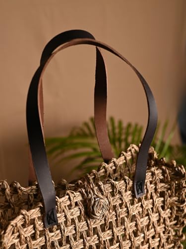 Image of KADAM HAAT Women Handmade Sabai Grass Lunch Bag with Leather Handle, Dry Grass Tiffin Bag for Lunch and Bottle for Office & School Eco-Friendly, Handcrafted (Beige)