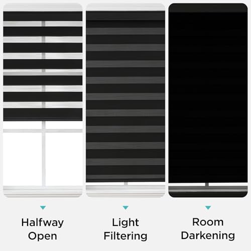 Joydeco Cordless Zebra Blinds for Windows, Dual Layer Light Control Window Blinds with Light-Proof Aluminum Cover, Free-Stop Roller Shades for Home & Office (Black,55" W x 75" H)